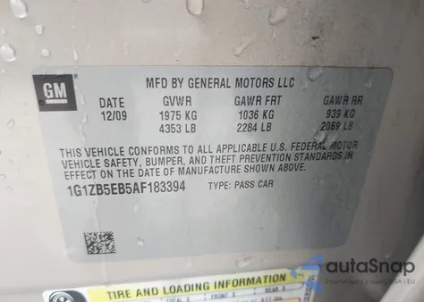 2010 Chevrolet Malibu Ls z USA, uszkodzony, nr VIN 1G1ZB5EB5AF183394